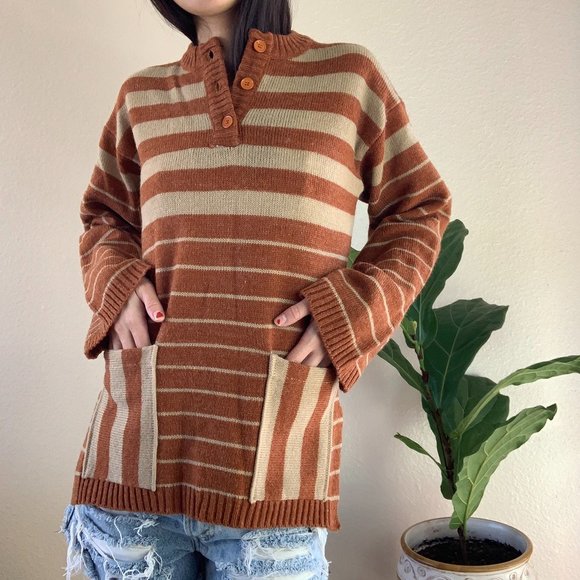 Vintage Brown Stripe Henley Knit Sweater - Picture 2 of 5
